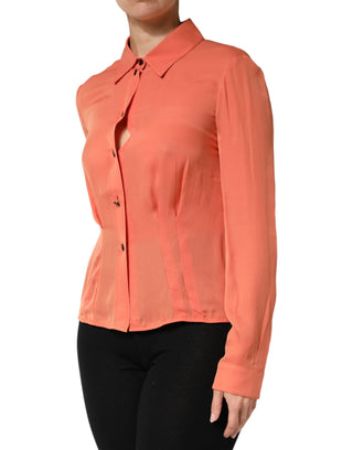 Oranges Langarm-Top mit Kragen und Knopfleiste
