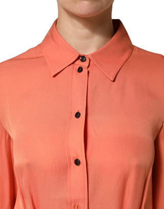 Oranges Langarm-Top mit Kragen und Knopfleiste