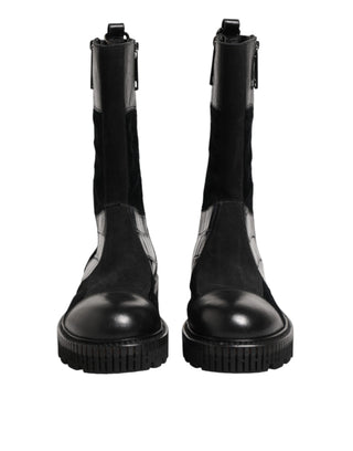 Schwarze kniehohe Stiefel aus Patchwork-Leder