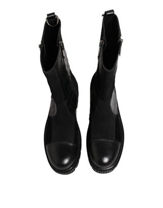 Schwarze kniehohe Stiefel aus Patchwork-Leder