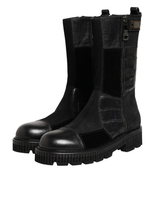 Schwarze kniehohe Stiefel aus Patchwork-Leder