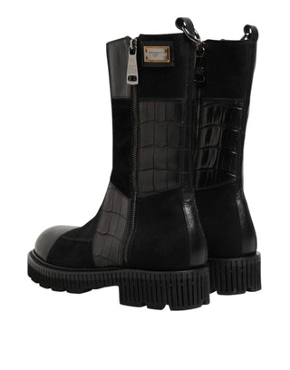 Schwarze kniehohe Stiefel aus Patchwork-Leder