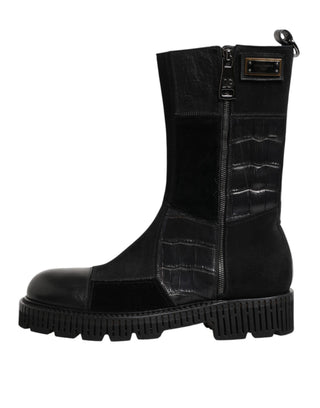 Schwarze kniehohe Stiefel aus Patchwork-Leder