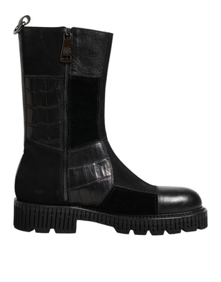 Schwarze kniehohe Stiefel aus Patchwork-Leder