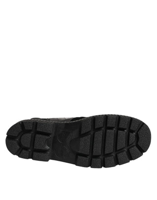 Schwarze kniehohe Stiefel aus Patchwork-Leder