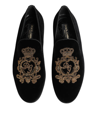 Black Velvet Gold Crown Mens Loafers Shoes