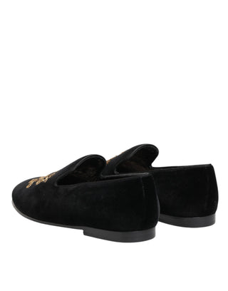 Black Velvet Gold Crown Mens Loafers Shoes