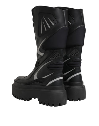 Schwarze Leder-Mid-Calf-Bikerstiefel