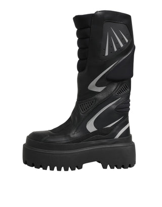 Schwarze Leder-Mid-Calf-Bikerstiefel