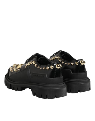 Black Leather Jeweled Crystals Derby Shoes