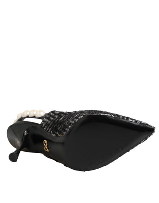 White Black Chevron Faux Pearl Slingbacks Shoes