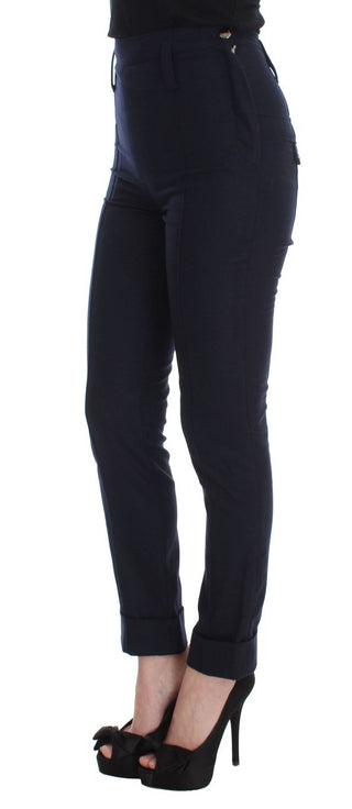 Blue Virgin Wool Slim Fit Casual Pants