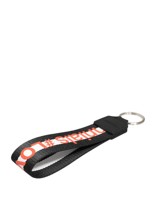 Llavero porta llaves de latón plateado con logo negro y poliéster