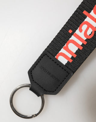 Llavero porta llaves de latón plateado con logo negro y poliéster