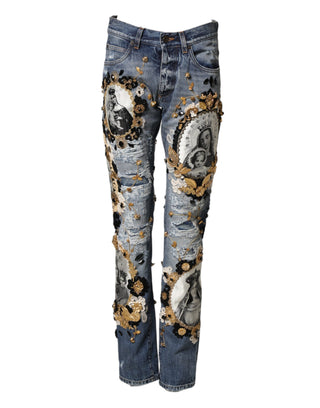 Blue Ripped Embellished Cotton Denim Jeans