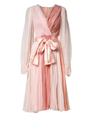 Pink Silk Tulle Long Sleeve V-neck Dress