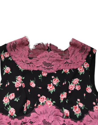 Black Pink Floral Lace Silk Sheath Dress