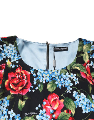 Black Floral Print Viscose Sheath Midi Dress