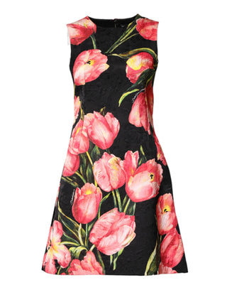 Schwarzes A-Linien-Minikleid aus Viskose mit Blumenmuster
