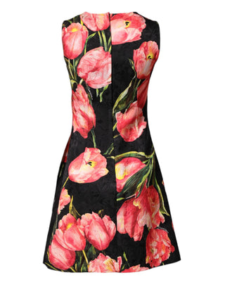Schwarzes A-Linien-Minikleid aus Viskose mit Blumenmuster