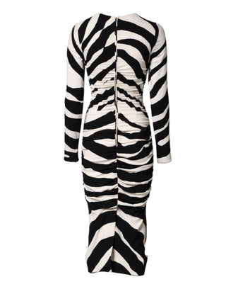 Black White Zebra Viscose Sheath Midi Dress