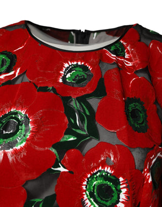 Red Floral Print Nylon A-line Midi Dress
