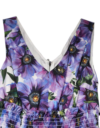 Purple Anemone Print Pleated Midi Dress