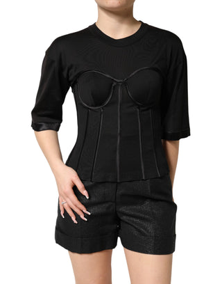 Schwarzes Baumwoll-Bustier-Korsett-T-Shirt mit kurzen Ärmeln
