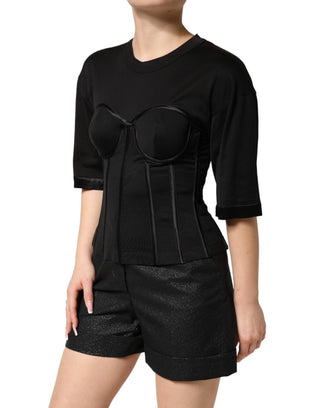 Schwarzes Baumwoll-Bustier-Korsett-T-Shirt mit kurzen Ärmeln
