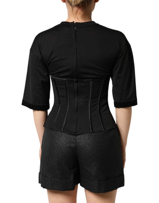 Schwarzes Baumwoll-Bustier-Korsett-T-Shirt mit kurzen Ärmeln