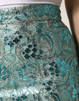 Blue Floral Brocade High Waist Mini Skirt