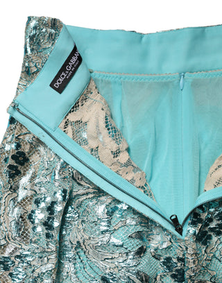 Blue Floral Brocade High Waist Mini Skirt