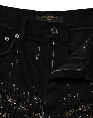 Black Pins Cotton Denim Hot Pants Shorts