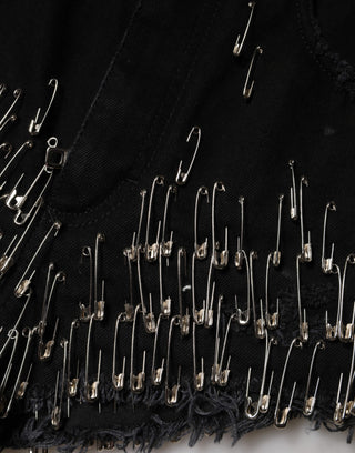 Black Pins Cotton Denim Hot Pants Shorts