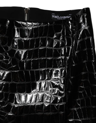 Schwarzer Midi-Bleistiftrock aus Krokoprägung-Kunstleder mit mittlerer Taille