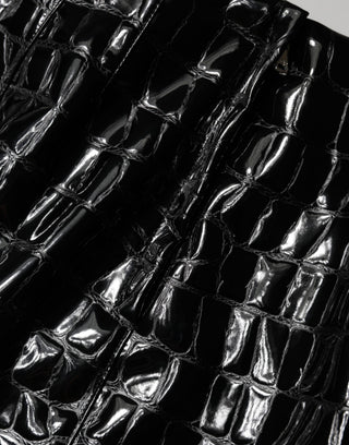 Schwarzer Midi-Bleistiftrock aus Krokoprägung-Kunstleder mit mittlerer Taille