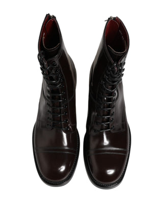 Brown Leather Lace Up Mid Calf Boots Shoes