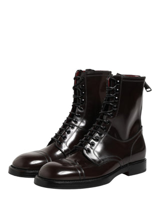 Brown Leather Lace Up Mid Calf Boots Shoes