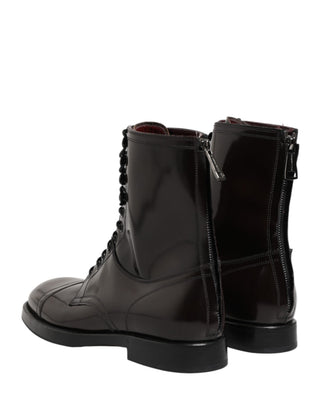Brown Leather Lace Up Mid Calf Boots Shoes