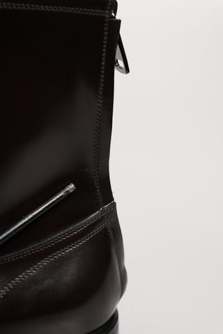 Brown Leather Lace Up Mid Calf Boots Shoes