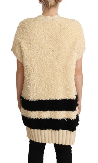 Beige-schwarzer kurzärmliger Strickcardigan mit Knöpfen