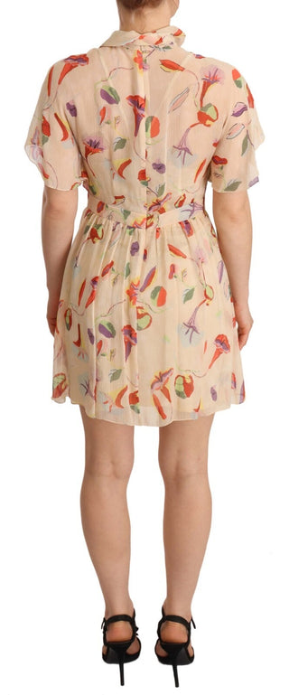 Beigefarbenes A-Linien-Minikleid mit Ascotkragen und kurzen Ärmeln