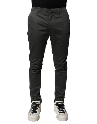 Dunkelgraue Baumwoll-Chino-Hose für Herren, mittelhoher Bund, schmal geschnitten