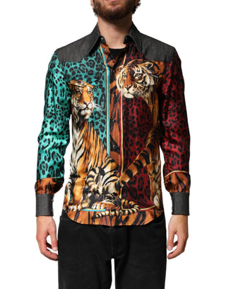 Camisa de seda para hombre con estampado multicolor de tigre y leopardo