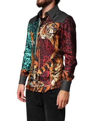Camisa de seda para hombre con estampado multicolor de tigre y leopardo
