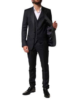 Traje de hombre de 3 piezas de lana azul con solapa simple