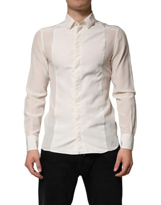 Camisa formal de seda color blanco roto con detalles dorados para hombre
