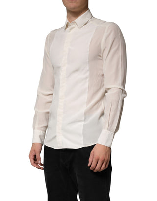 Camisa formal de seda color blanco roto con detalles dorados para hombre