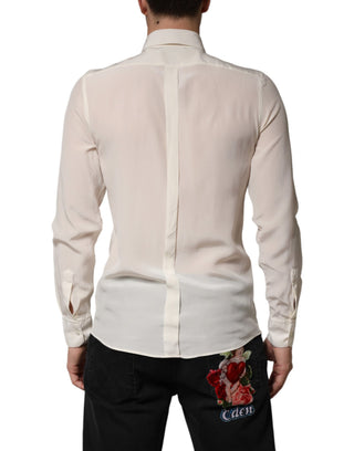 Camisa formal de seda color blanco roto con detalles dorados para hombre