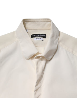 Camisa formal de seda color blanco roto con detalles dorados para hombre